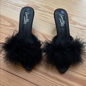 Feather black fuzzy slipper kitten heels